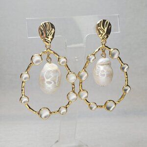 J.Crew Baroque Real Pearl Statement Earrings Hoops Frosted Glass Stones
